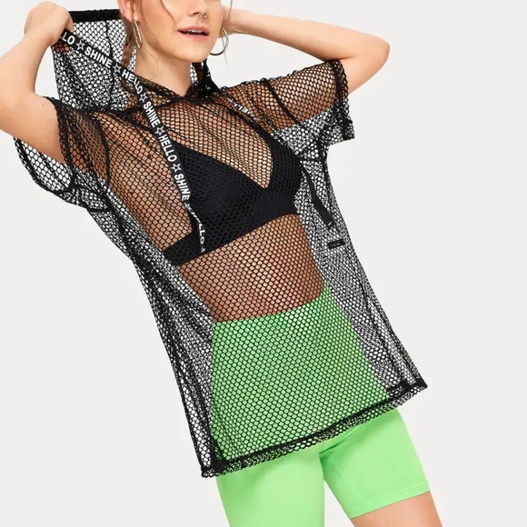 Letter Tape Fishnet Mesh Hoodie- NEW! Summer Fun! - Picture 4 of 4